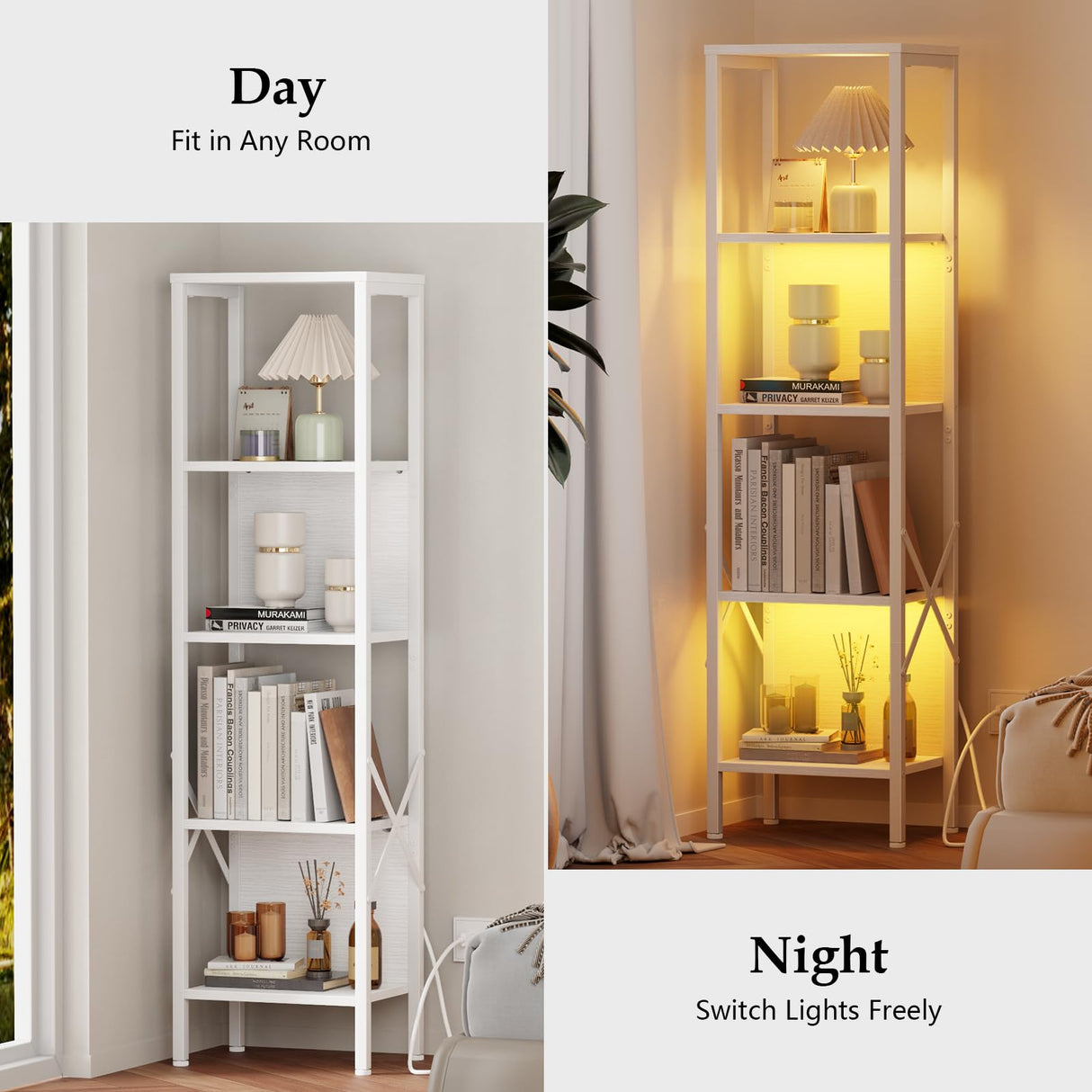 Furologee Bookshelf with LED Lights, 5 Tier Display Shelf with Back, Tall Narrow Bookcase, Modern Corner Standing Shelves, Metal and Wooden Storage Rack for Bedroom, Living Room, Office, White Furologee