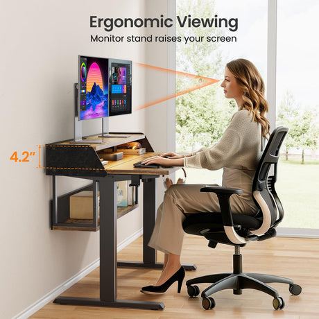 ErGear Standing Desk, 48x24 Inch Electric Standing Desk with Shelves, Height Adjustable Desk with Monitor Stand and Storage, Gaming Sit Stand Up Desk with LED Light for Home Office, Vintage Brown ErGear