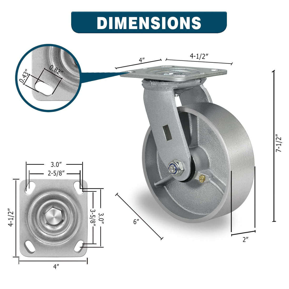 CWfutureparts 6" x 2" Heavy Duty Industrial Casters, 1250 lbs Load Capacity, Swivel Caster Wheels with Roller Bearing - Semi Steel Cast Iron Wheels for Workbench，Pallet Trucks （1 Pack） CWfutureparts
