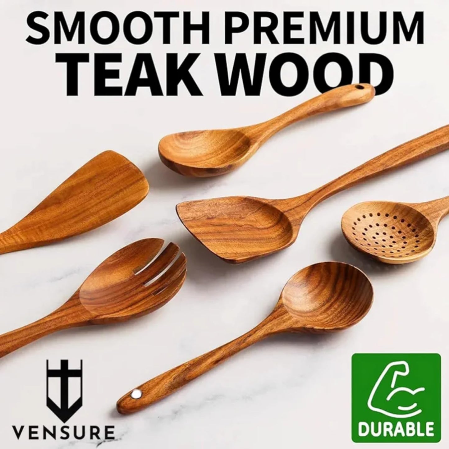 Vensure Wooden Spoons for Cooking 6-Piece, 12 Inch Wooden Spatula Spoon Set for Cooking, Non-Stick Wooden Cooking Utensils -Soft Comfort-Grip Wood Spoons for Cooking, Wooden Spoon with Handmade Design