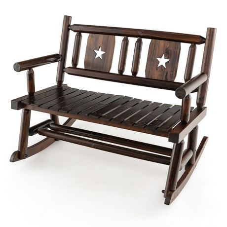 Giantex Outdoor Rocking Bench, Patio Loveseat Rocker for 2 w/Ergonomic Back & Log Arms, Carbonized Fir Wood Frame, Wooden Double Rocking Chair for Porch, Garden, 710 LB Capacity, Rustic Brown Giantex