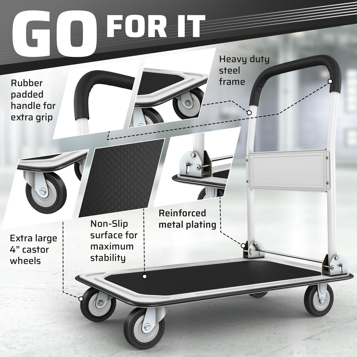 Upgraded Foldable Push Cart Dolly | 330 lbs. Capacity Moving Platform Hand Truck | Heavy Duty Space Saving Collapsible | Swivel Push Handle Flat Bed Wagon - White Lifetime Appliance Parts