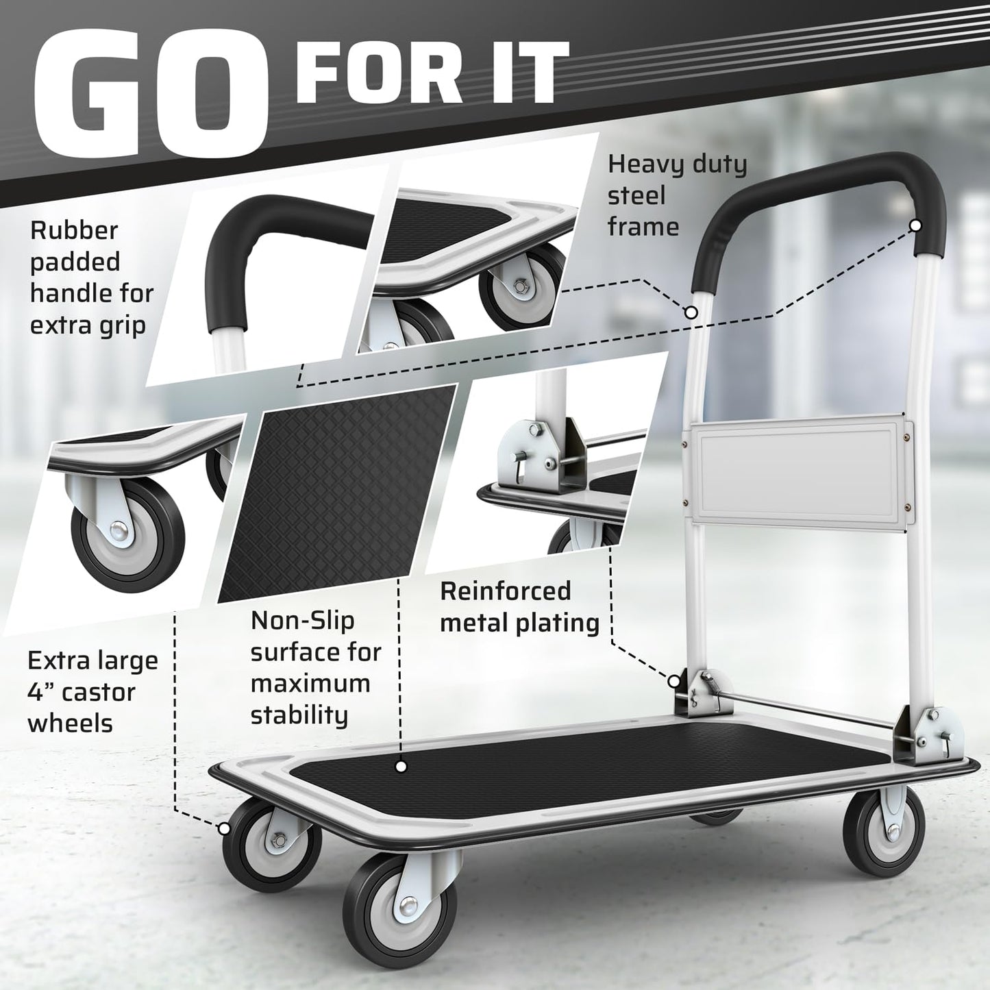 Upgraded Foldable Push Cart Dolly | 330 lbs. Capacity Moving Platform Hand Truck | Heavy Duty Space Saving Collapsible | Swivel Push Handle Flat Bed Wagon - White - WoodArtSupply