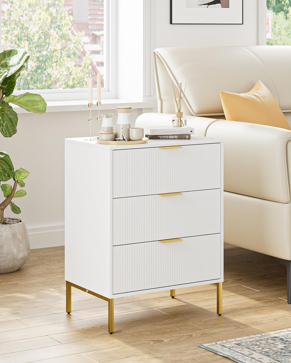 Aienvey Night Stand,Tall Bedside Table with 3-Storage Drawers,White Nightstand,End Table,Bedside Furniture,Side Table with Gold Frame,Fluted Drawer Dresser for Bedroom,Living Room - WoodArtSupply