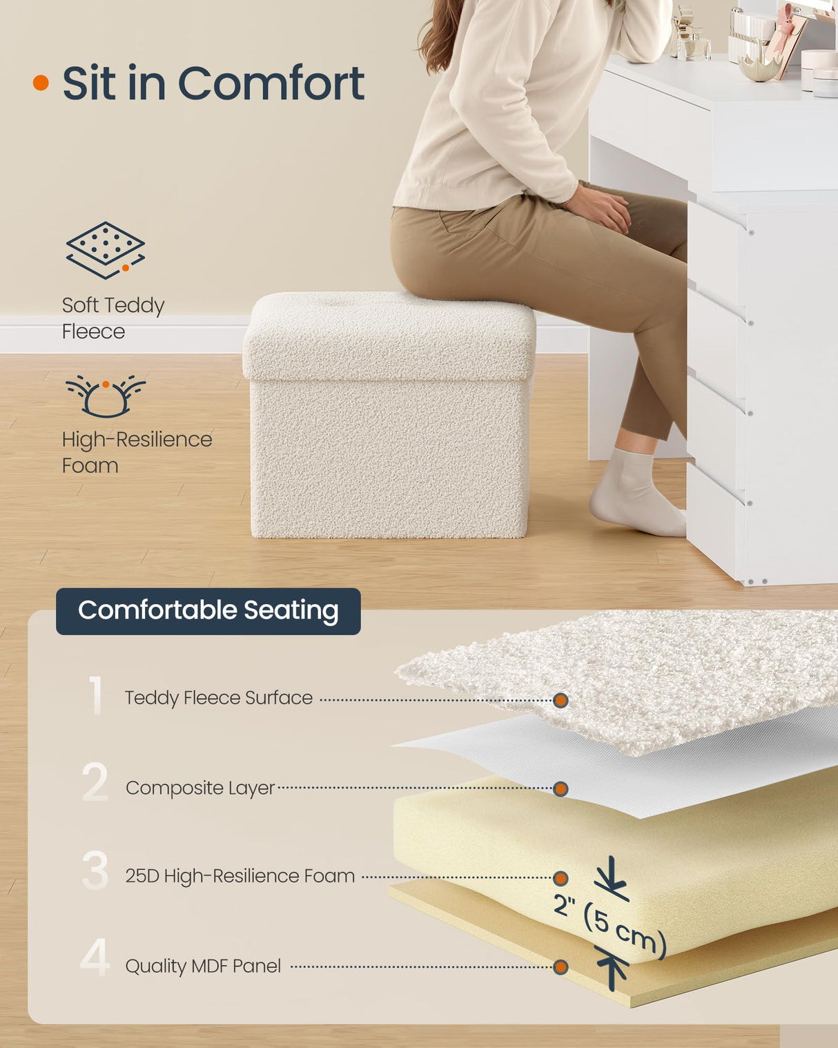 SONGMICS HOME Small Folding Storage Ottoman, Foot Rest Stool, 12.2 x 16.1 x 12.2 Inches, Ottoman with Storage, Load up to 286 lb, for Living Room, Bedroom, Dorm, Cream White ULSF094W01 SONGMICS HOME