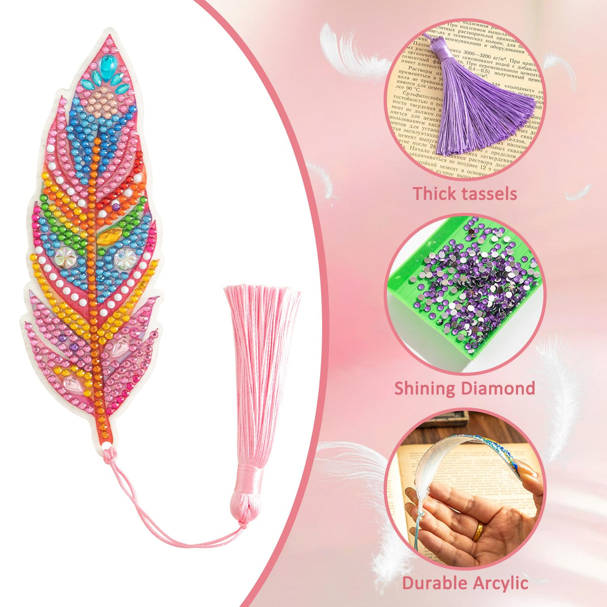 6 Pcs 5D Diamond Painting Art Kit, DIY Acrylic Crystal Diamond Bookmarks with Tassel, Flower & Feather Designs, Handmade Crafts BookMark Gift for Book Lovers, Women & Teenage, Creative Decor emmoolife