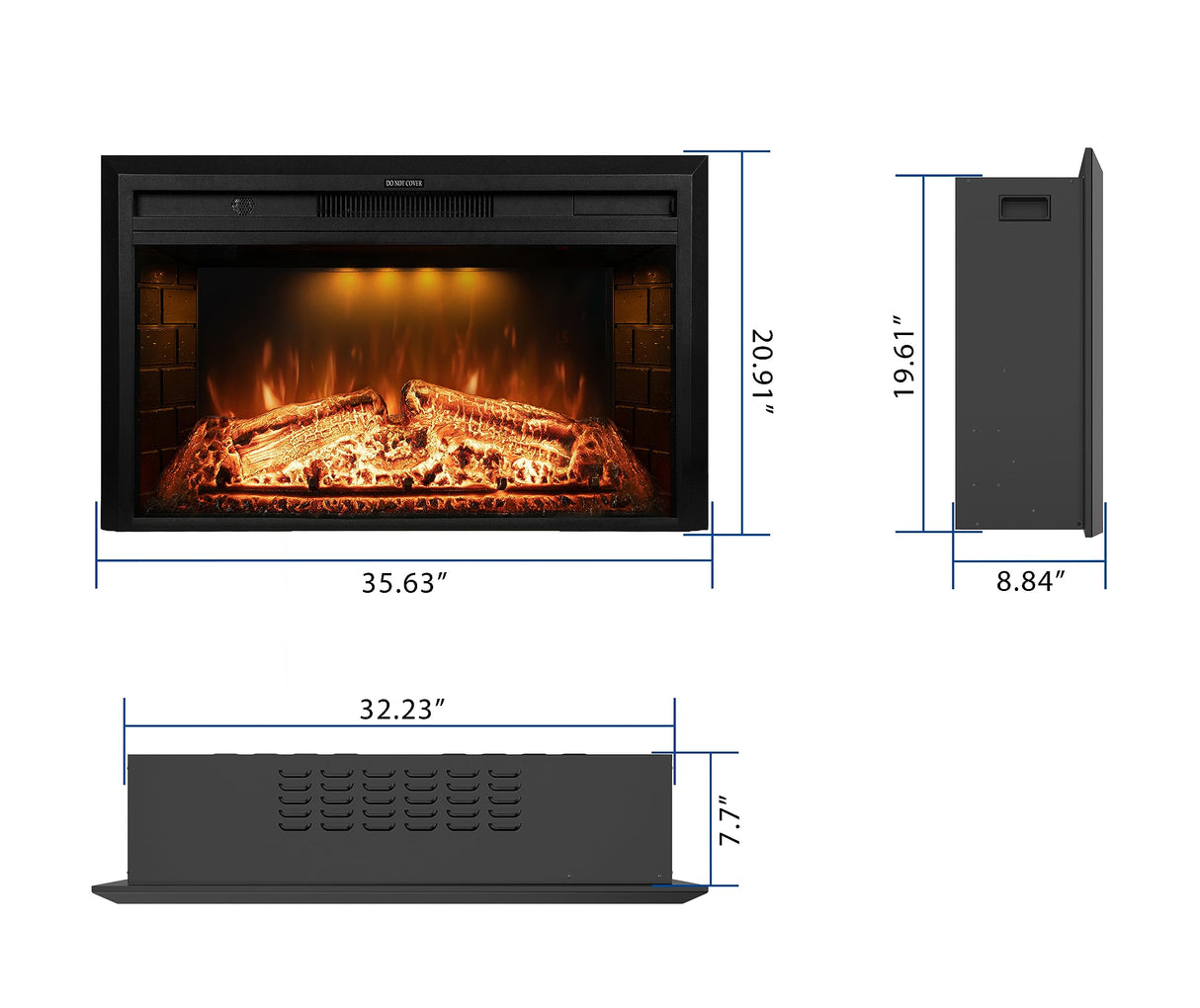 Dreamflame 36 inch Wide 21 inch High Electric Fireplace, Wall Fireplace Electric with Remote Control, Realistic Log and Crackling Sound, Overheating Protection and Timer, 750/1500W Black Dreamflame