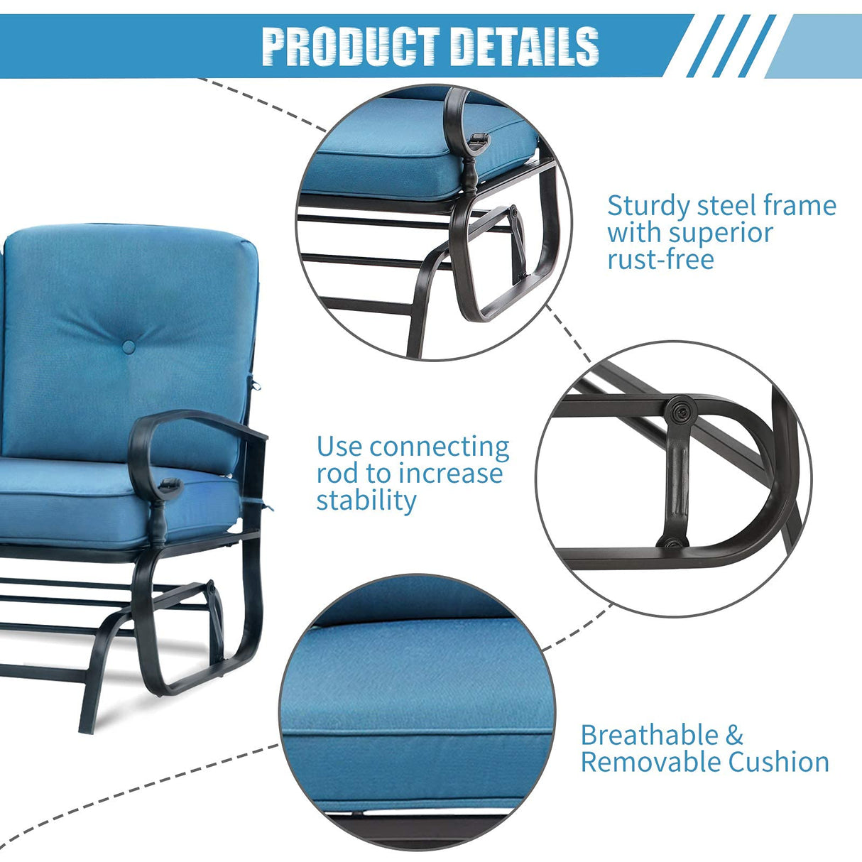 Omelaza Patio Bench, Porch Glider Outdoor Swing Glider Rocking Loveseat, Steel Frame Chair with Thick Cushion (Peacock Blue) Omelaza