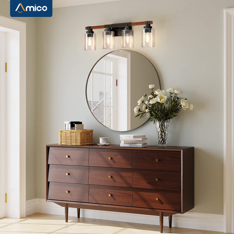 Amico Farmhouse Bathroom Vanity Light Fixtures,Rustic 4-Light Industrial Painted Wood Vanity Lights for Bathroom,Vintage Black Wall Sconces Bathroom Vanity Lighting with Bubble Glass Shade Amico