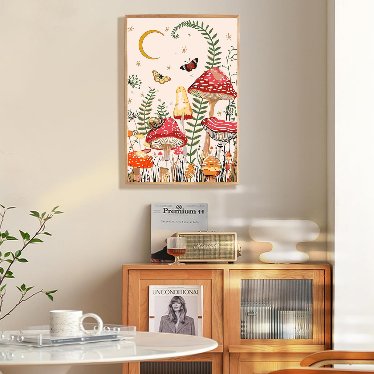 Framed Paint by Numbers Kit for Adults Beginner & Kids Ages 8-12, Moon Mushroom Forest Paint by Number with Frame, Easy Acrylic Butterfly Painting by Numbers Kit on Canvas 8x12 inch Fountor