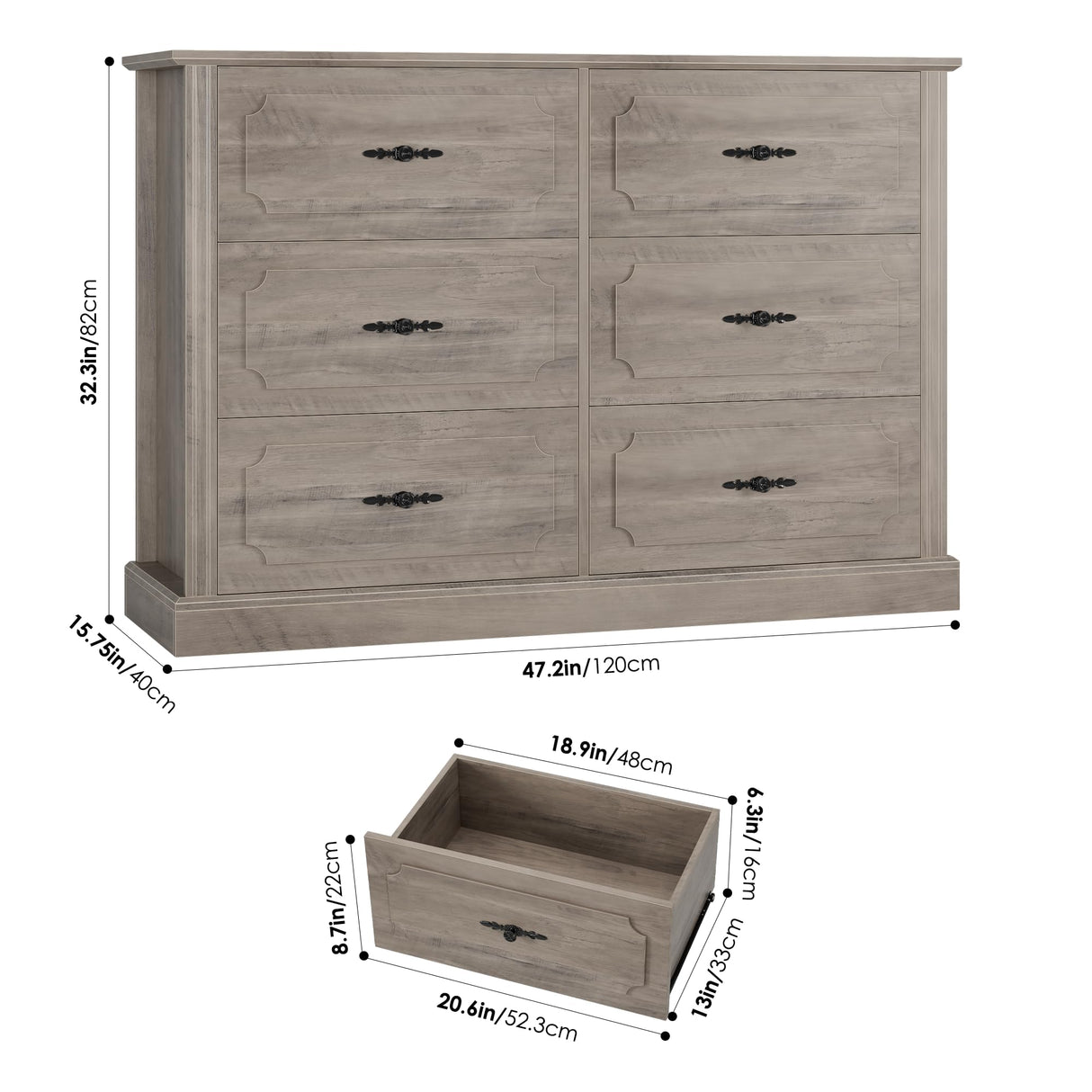 finetones Wood Dresser 6 Drawer, 47.2'' Grey Dresser Farmhouse Dresser Chest of Drawers with Designed Drawer Surfaces, Grey Dresser with Deeper Drawer, Ash Grey finetones
