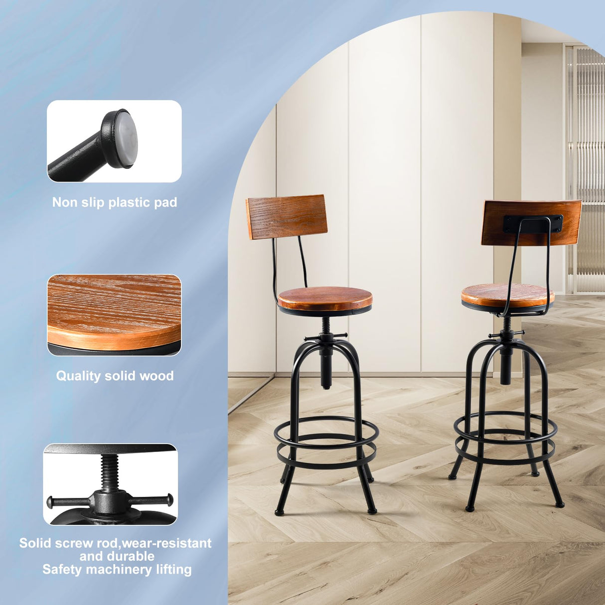 LOKKHAN Industrial Bar Stool-26-32 Inch Adjustable Swivel Round Wood Metal Kitchen Stool Rustic Farmhouse Counter Height Extra Tall Bar Height Stool-Arc-Shaped Backrest,Welded,Set of 2 LOKKHAN