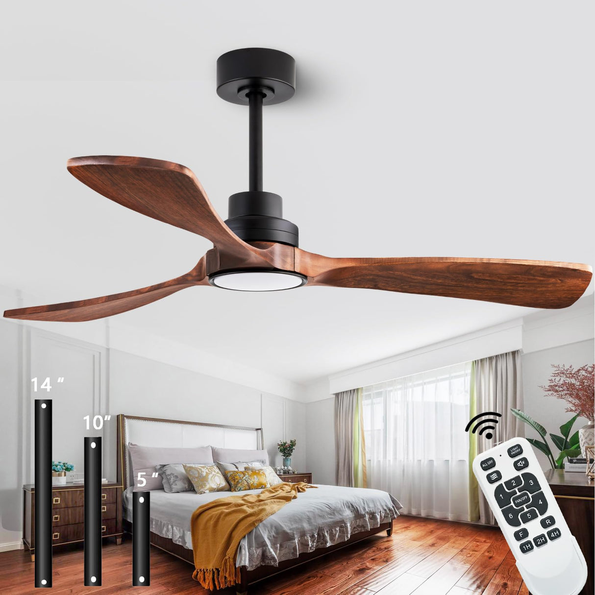 dearnow 52" Wood Ceiling fan, (with light with remote control) with 3 solid wood blades, wooden ceiling fan for indoor and outdoor use, suitable for living room, dining room, patio and more. dearnow