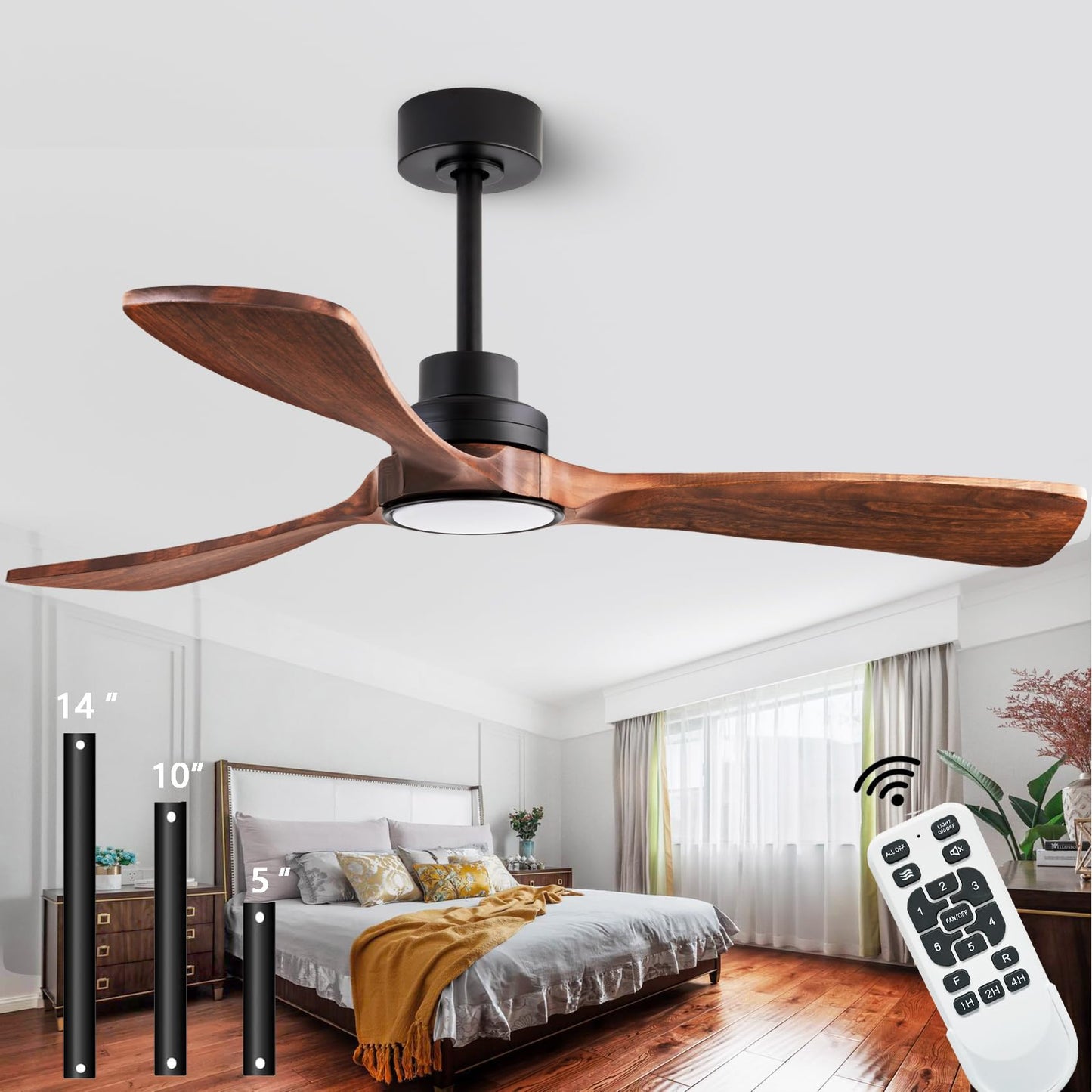 dearnow 52" Wood Ceiling fan, (with light with remote control) with 3 solid wood blades, wooden ceiling fan for indoor and outdoor use, suitable for living room, dining room, patio and more.