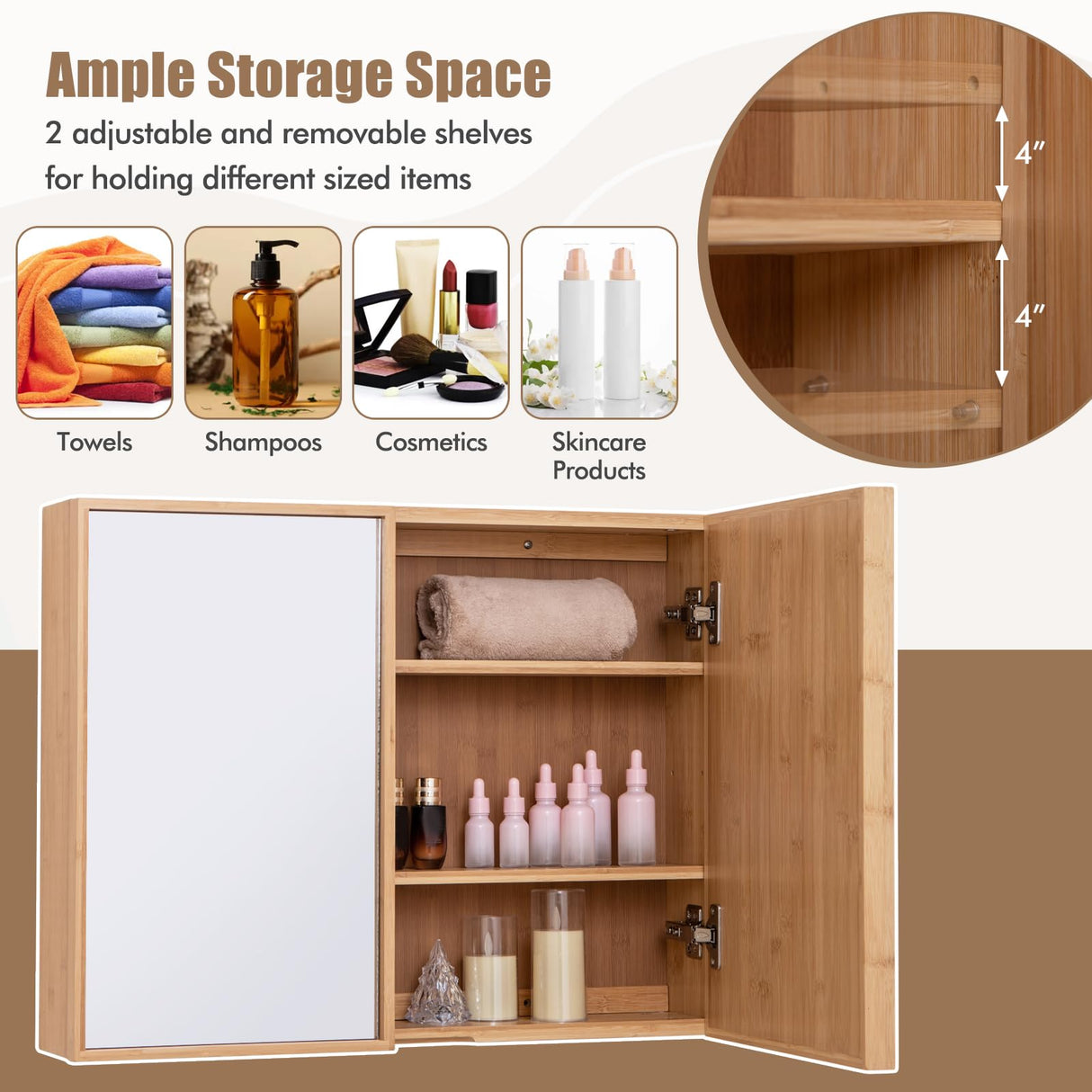 Giantex Medicine Cabinet, Bathroom Medicine Cabinet with Mirror, Reversible Double Door, 2 Adjustable Shelves, Bamboo Vanity Mirror Cabinet for Entryway, Living Room, Bathroom Wall Cabinet, Natural Giantex