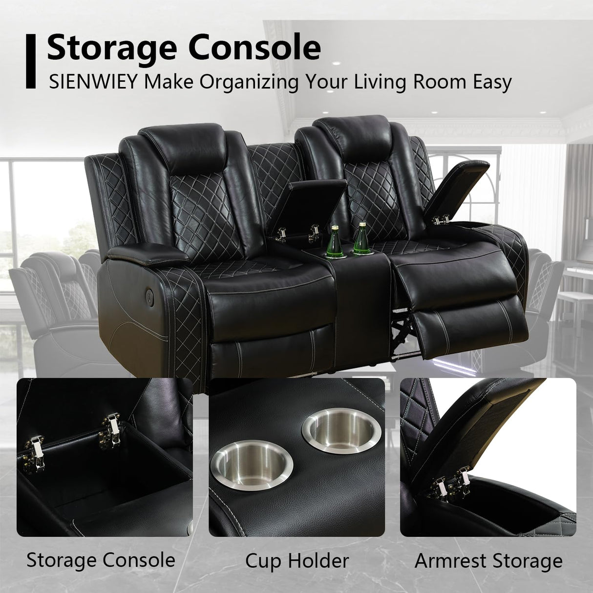 SIENWIEY Power Leather Recliner Sofa Set with LED Light,Leather Couch Set for Reclining Sofa with Drop-Down Table/Loveseat with Storage Console/Single Chair 3 PCS Living Room Furniture(Black,3+2+1) SIENWIEY