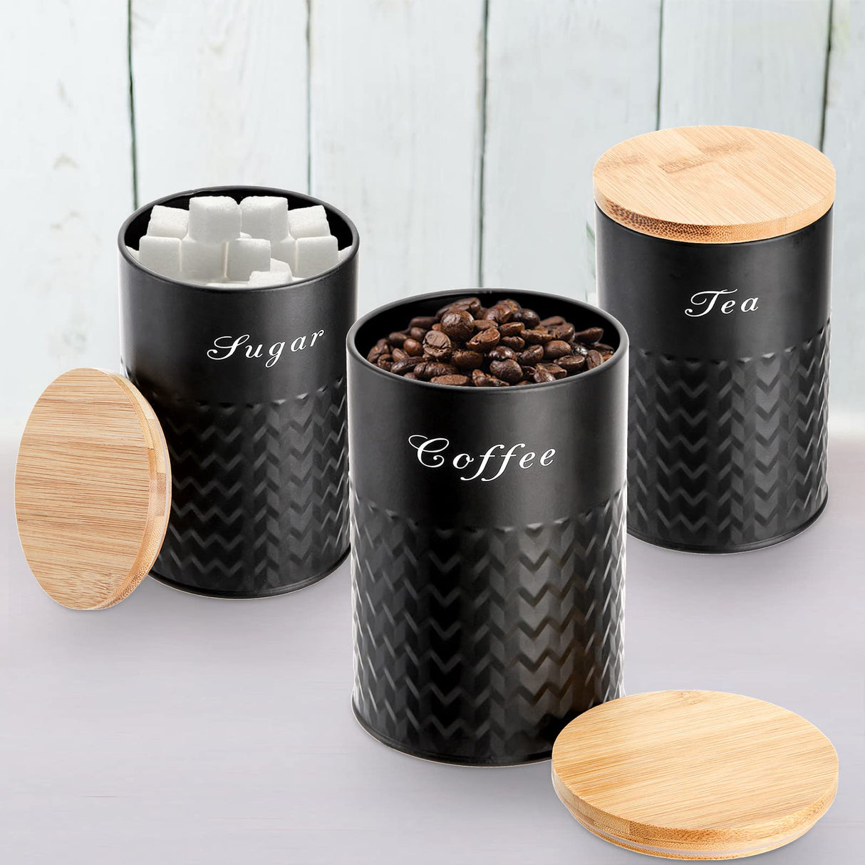 Bekith 3 Pack Kitchen Canisters with Bamboo Lids, Airtight Metal Canister Set, Food Storage Containers Jars for Coffee, Sugar, Tea, Flour, Rustic Farmhouse Kitchen Decor Containers, Black Bekith