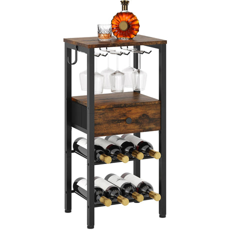 Tajsoon Wine Rack Freestanding Floor, 2 Tier Wine Rack Table with Drawer and Hook, 8-Bottle Storage Table with Tabletop, Floor Wine Rack with Glass Holder, for Dining Room, Living Room Tajsoon