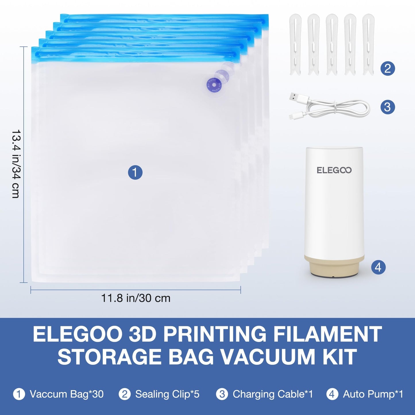 ELEGOO Filament Storage Bags Electric Pump Kit, 30 Bags Vacuum Sealed with Auto Pump Dust Proof Humidity Resistant, Perfect for 3D Printer Filament Storage and Keep Filament Dry (13.4x11.8 in - WoodArtSupply