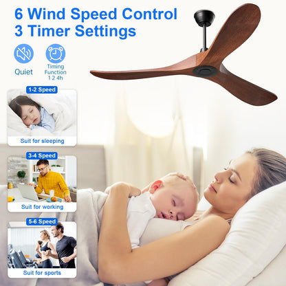 Obabala Ceiling Fans without Lights,42 inch Ceiling Fan with Remote Control Outdoor/Indoor Ceiling Fan 6-Speed Noiseless DC Motor Wood Blades - Dark Walnut