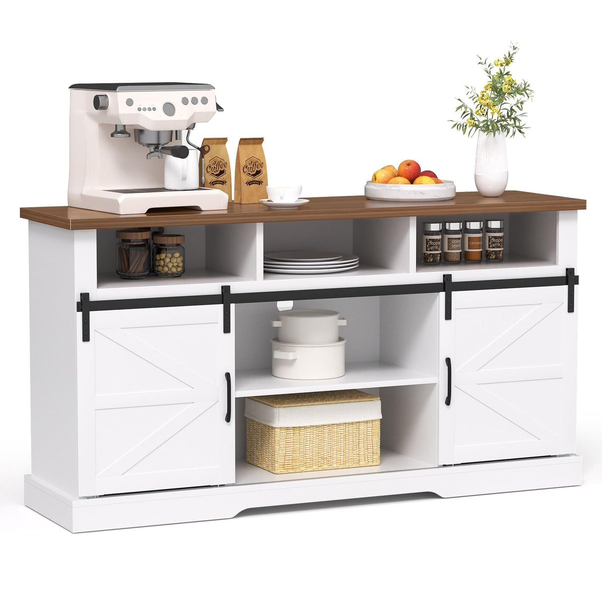 SYESWAY Farmhouse Coffee Bar, 58”Coffee Bar Cabinet with Sliding Barn Door and Adjustable Shelf, Kitchen Buffet Cabinet with Storage for Kitchen, Dining Room, Living Room, White SYESWAY