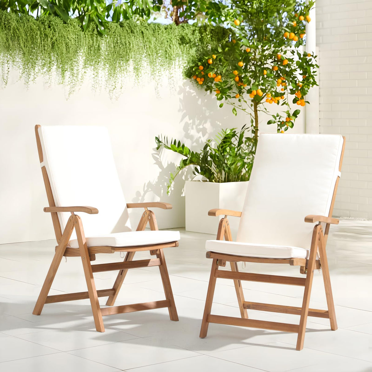 OC Orange-Casual Folding Patio Dining Chair Set of 2, Outdoor Acacia Wooden Reclining Chair w/Armrest & Removeable Cushion, FSC Certified Wood, for Porch, Backyard, Garden, Indoor, Beige OC Orange-Casual
