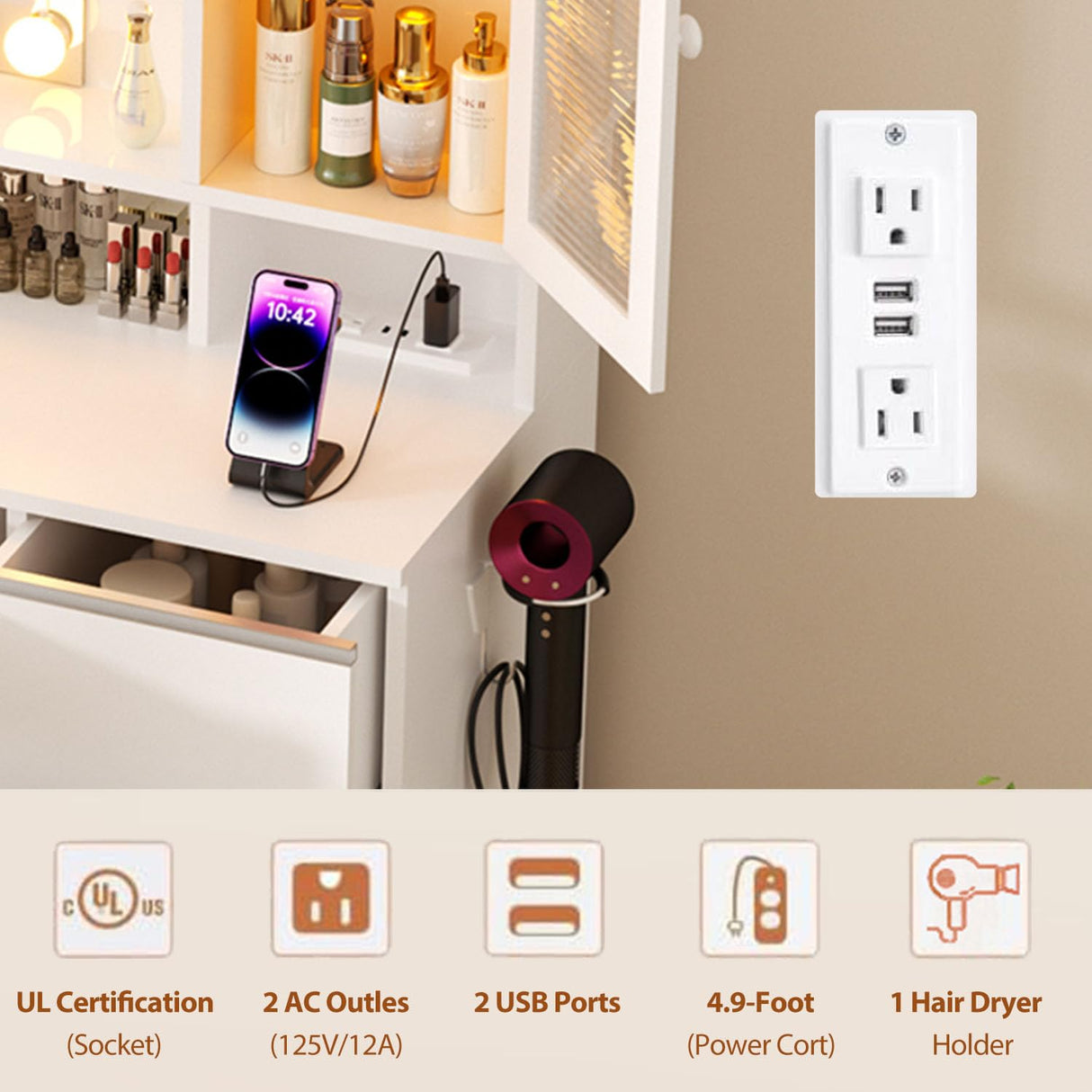 ERLEJIA Vanity, Vanity with Mirror and Lights, 35.43" Makeup Vanity Desk with Stool and Power Strip, Dressing Table with 6 Drawers and 6 Open Shelves with RGB LED Lighting Cabinet, White ERLEJIA