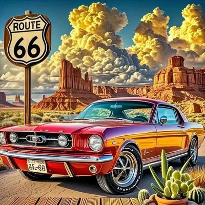 Car 5D Diamond Painting Kits for Adults Beginners, Diamond Art Kit for Route 66 Vintage Car,DIY Full Round Drill Diamond Gem Art and Crafts Home Wall Decor 13.8 x 13.8 inch