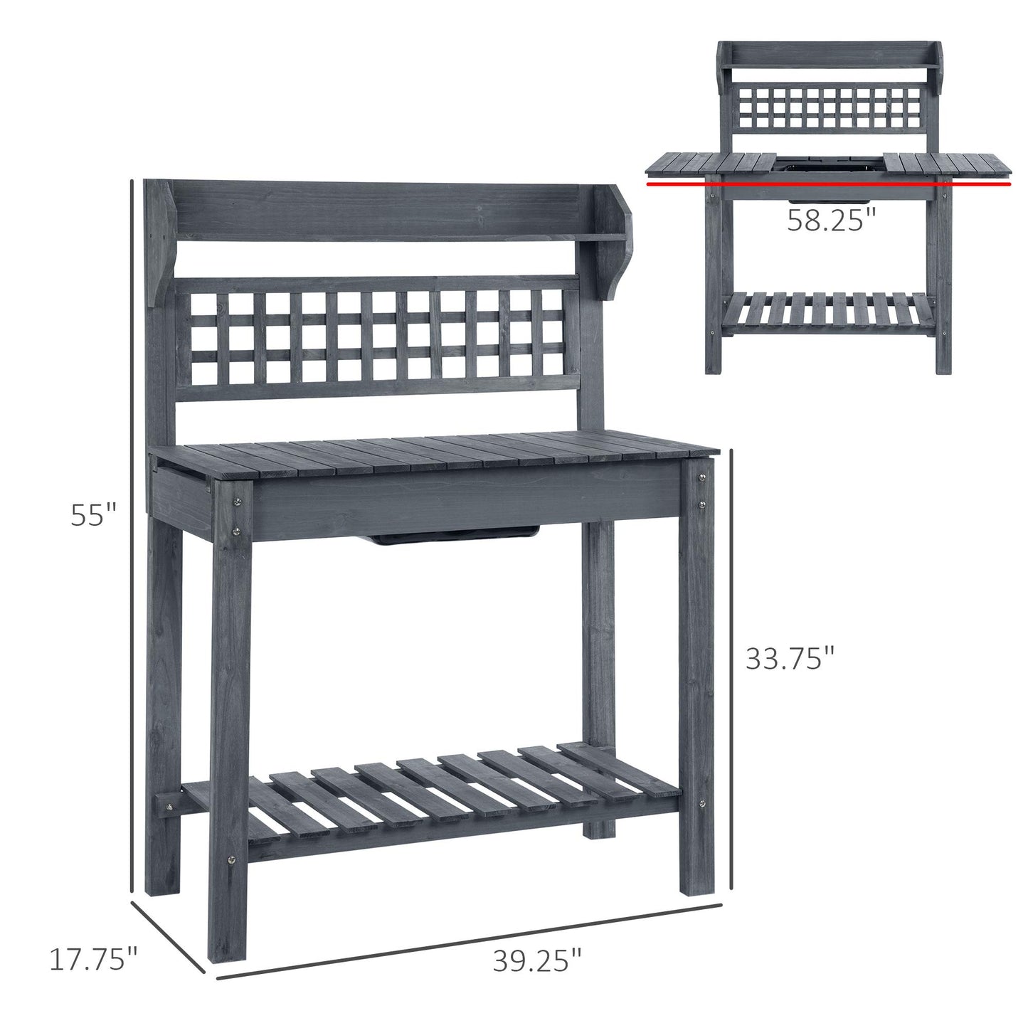 Outsunny Outdoor Potting Bench Table, Wooden Workstation with Sliding Tabletop, Storage Shelf and Dry Sink, for Greenhouse, Garden, Patio, Gray - WoodArtSupply