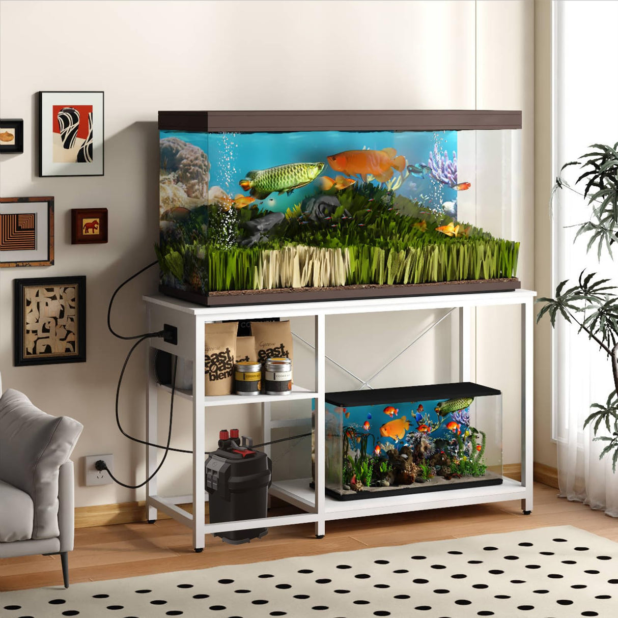 BEURUKU 55-75 Gallon Fish Tank Stand with Power Outlet & LED Light, Metal Aquarium Stand with 3 Tier Adjustable Storage Shelves, Tank Stand for Reptile Tank, Turtle Tank, 52" L*19.5" W, White BEURUKU