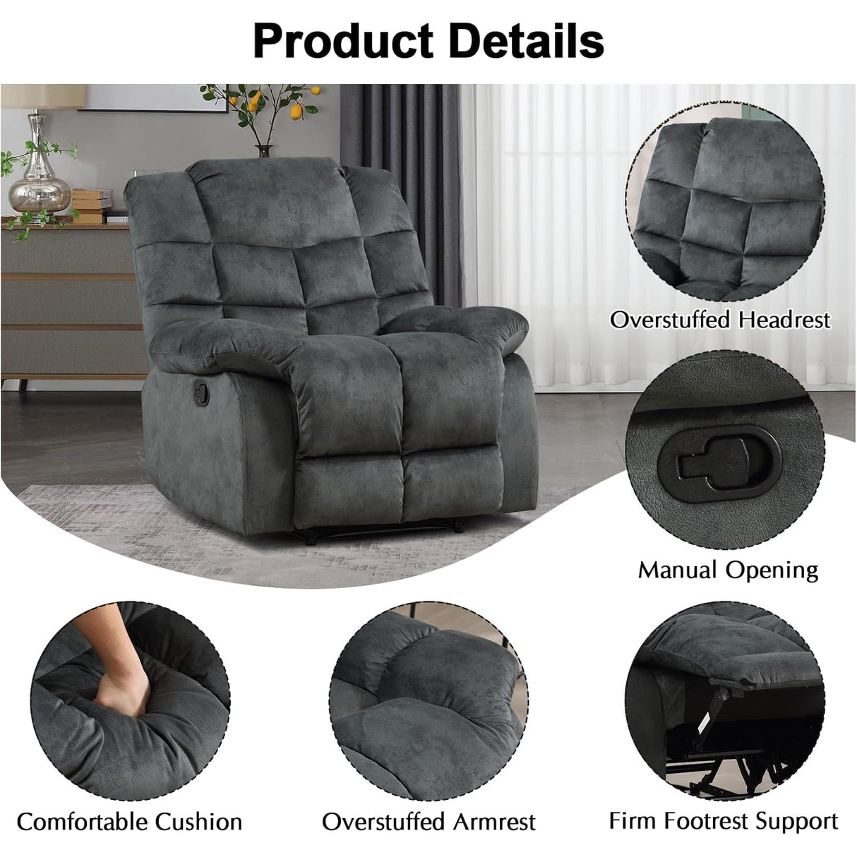CANMOV Manual Recliner Chair, Single Reclining Sofa with Overstuffed Backrest and Armrest for Living Room, Bedroom Furniture, Grey CANMOV