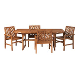 Walker Edison 4-6 Person Outdoor Wood Chevron Back Patio Furniture Dining Set Extendable Table Chairs All Weather Backyard Conversation Garden Poolside Balcony, 5 Piece, Brown Walker Edison