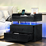 TC-HOMENY Floating Nightstand with 2 Drawers, LED Nightstand with Voice-Activated Mode, Side Table End Table with Charging Station (Black) TC-HOMENY