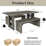 HIPIHOM 3-Piece Dining Table Set for 6-8 People, 70.8'' Rectangle Kitchen Table with 2 Benches for Breakfast Nook, Dining Room Furniture(Grey Table+Bench) HIPIHOM