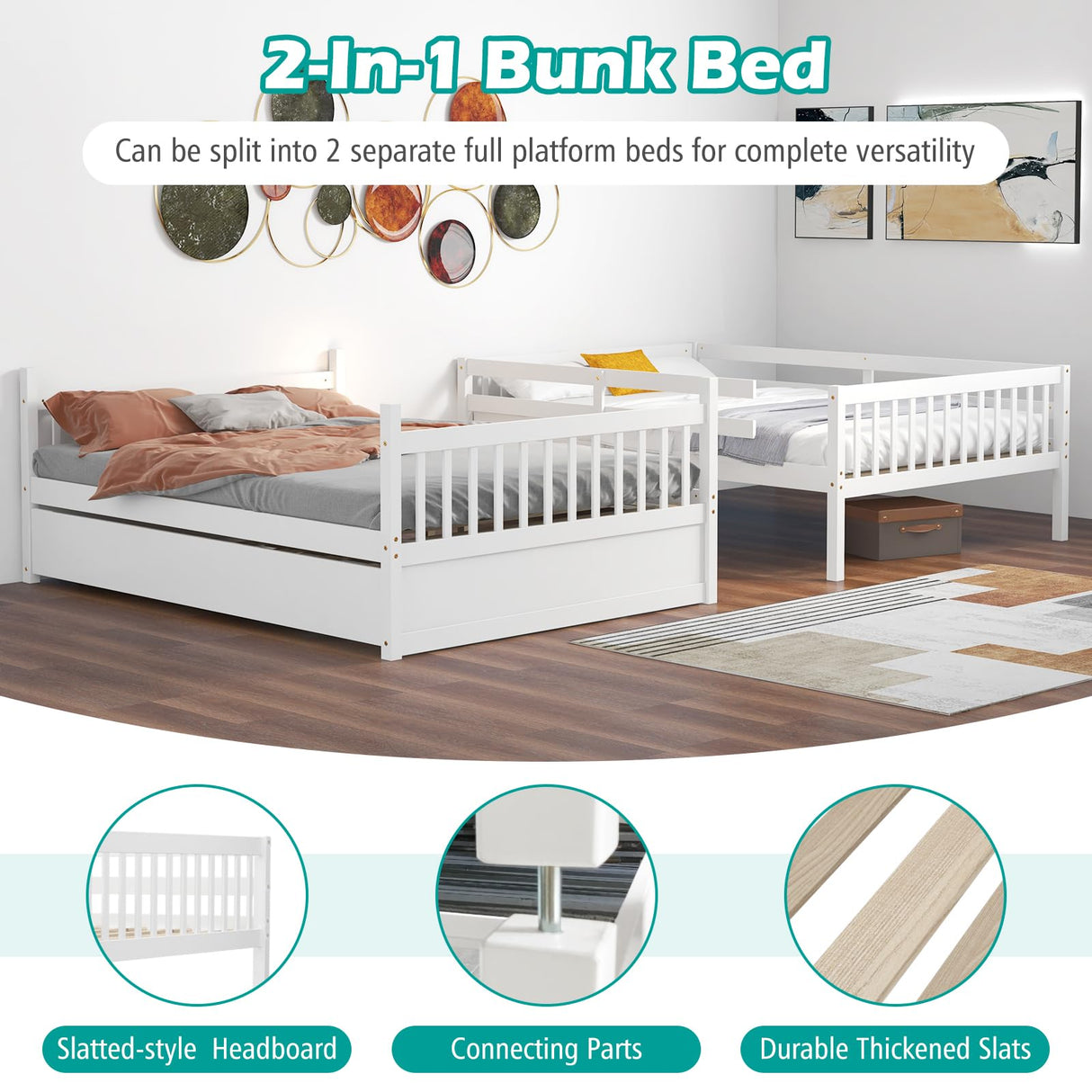 Giantex Full Over Full Bunk Bed with Trundle, Solid Wood Trundle Bed Frame w/Guardrails and Ladder, Convertible to 2 Beds, Full Size Bunk Beds for Adults Kids Teens, No Box Spring Needed, White Giantex