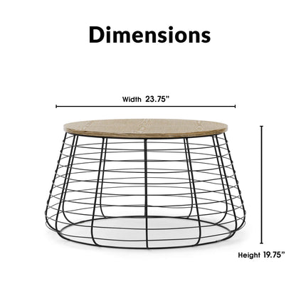 ClickDecor Lydia Matte Black Wireframe Coffee Table, Modern Farmhouse Round Living Room Accent Furniture Distressed Wood Finish Tabletop, Fully Assembled, Brown 23.6D x 23.6W x 19.7H in - WoodArtSupply