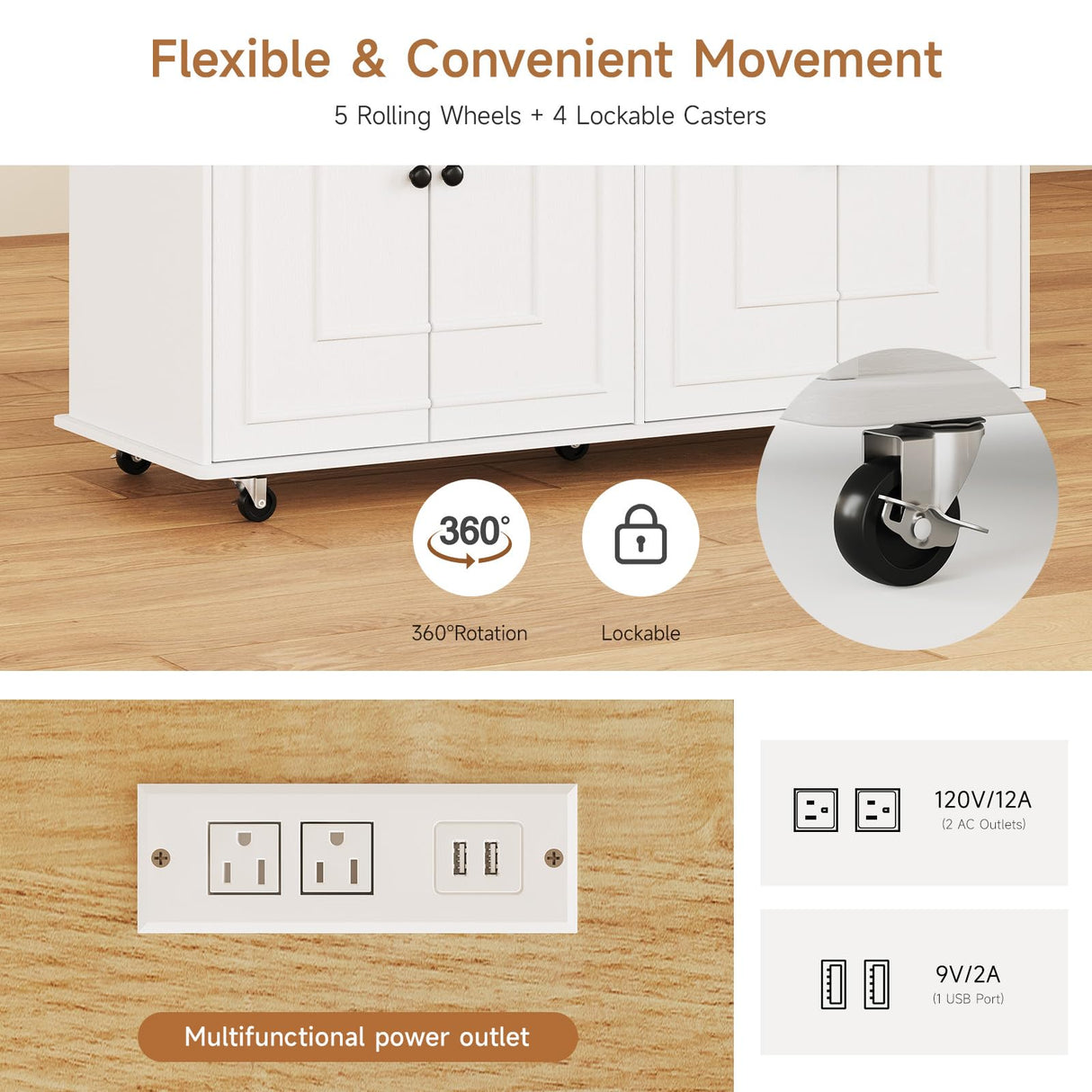 ONBRILL 58" Mobile Kitchen Island, Kitchen Island Cart with Power Outlet, Island Table for Kitchen, Home Bar Carts with Storage, Kitchen Rolling Island with Spice Rack & Towel Rack & Knife Holder ONBRILL