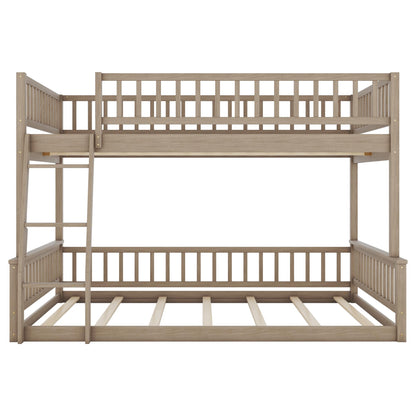 XD Designs Full XL Over Queen Bunk Bed with Safety Guardrails, Solid Wood Floor Bunk Bed Frame with Sturdy Slat Support for Kids Teens Adults, Detachable Design (Walnut-tra)