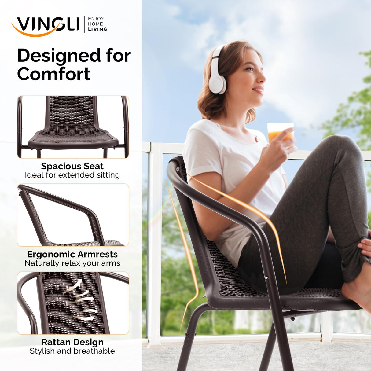 VINGLI Stackable Outdoor Chair Set of 4, Rattan Plastic Chair, Woven Rattan Cushion, Suitable for Backyard, Patio, Brown VINGLI