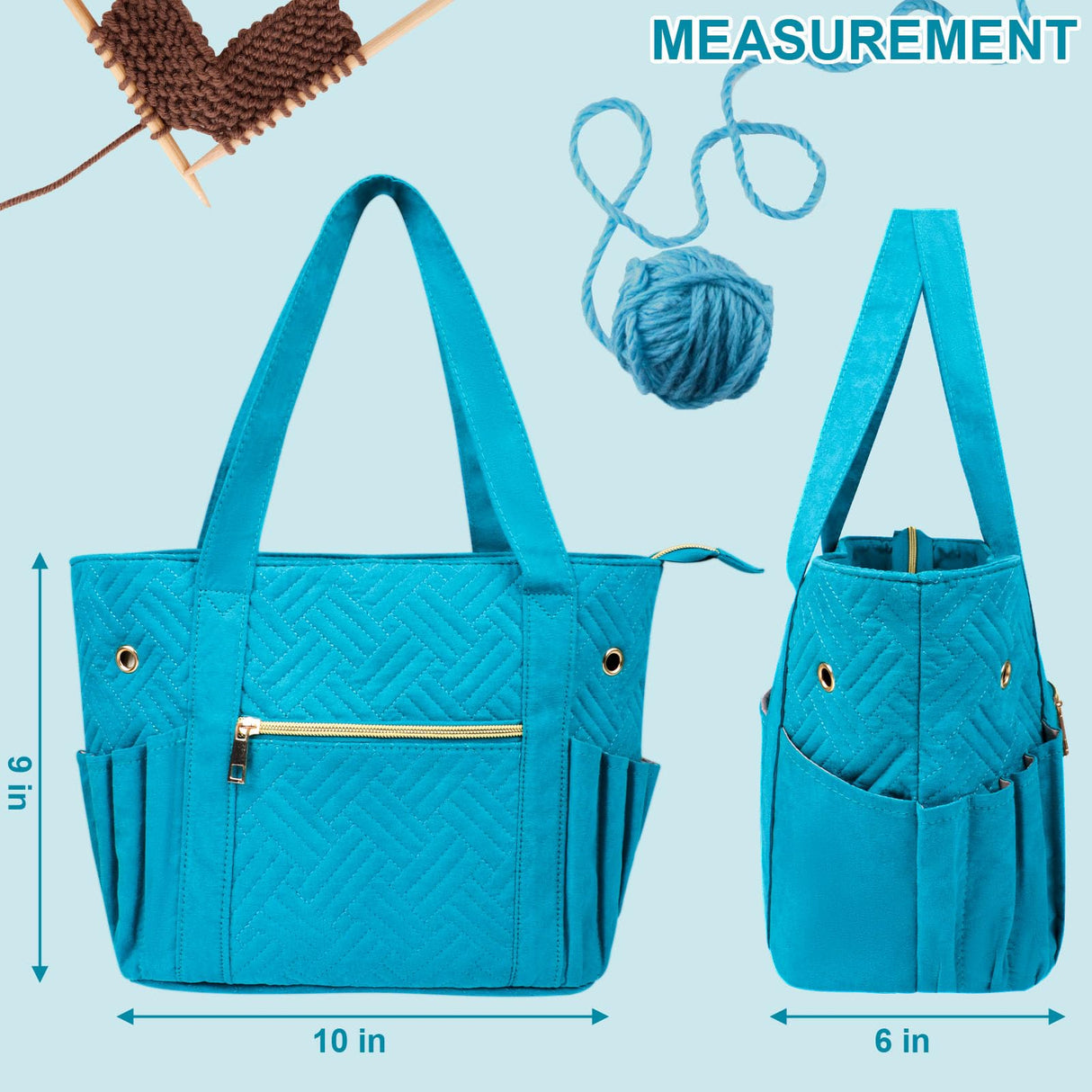 Veirdro Crochet Bag Organizer for Yarn Storage, Velvet Knitting Tote Bag with Double Handle for Crochet Accessories, Portable Travel Case for Yarn Balls, Crochet Hooks& Knitting Needles Holder (Teal) Veirdro