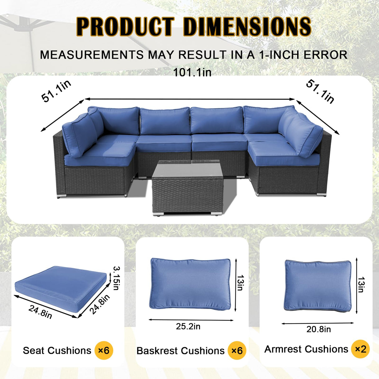 FURNAWAY 14Pcs Outdoor Sofa Cushion Replacement Set - Water Repellent Patio Furniture Cushions for Sectional/Deep Seat,UV Resistant (Blue) FURNAWAY