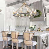 YongMing CL Farmhouse Wagon Wheel Chandelier 31" Gold Wooden Chandelier 12-Light Rustic Pendant Light Fixture for Dining Room Living Room Entryway Foyer YongMing CL