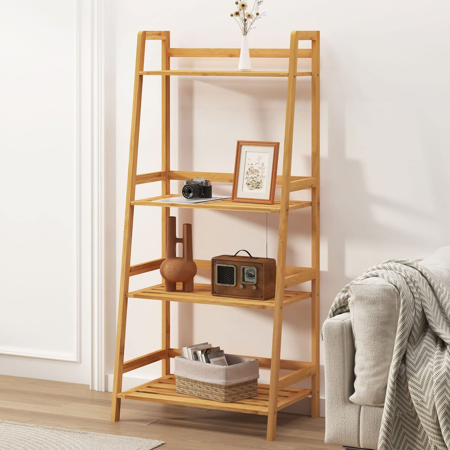 SogesHome Bamboo 4 Tier Bookcase, Multi-Functional Book Shelf Storage Rack, Plants Stand Display Shelf, Natural Color