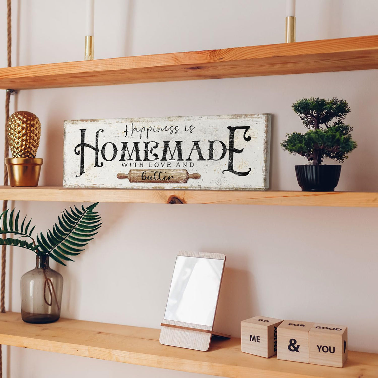 Happiness is Homemade with Love and Butter Sign Funny Kitchen Sign Decor for Counter Pantry Rustic Farmhouse Style Wall Décor Shabby Chic Family Wall Plaque Decoration Housewarming Gift, 6 x 17 Inch DUO AI HOME