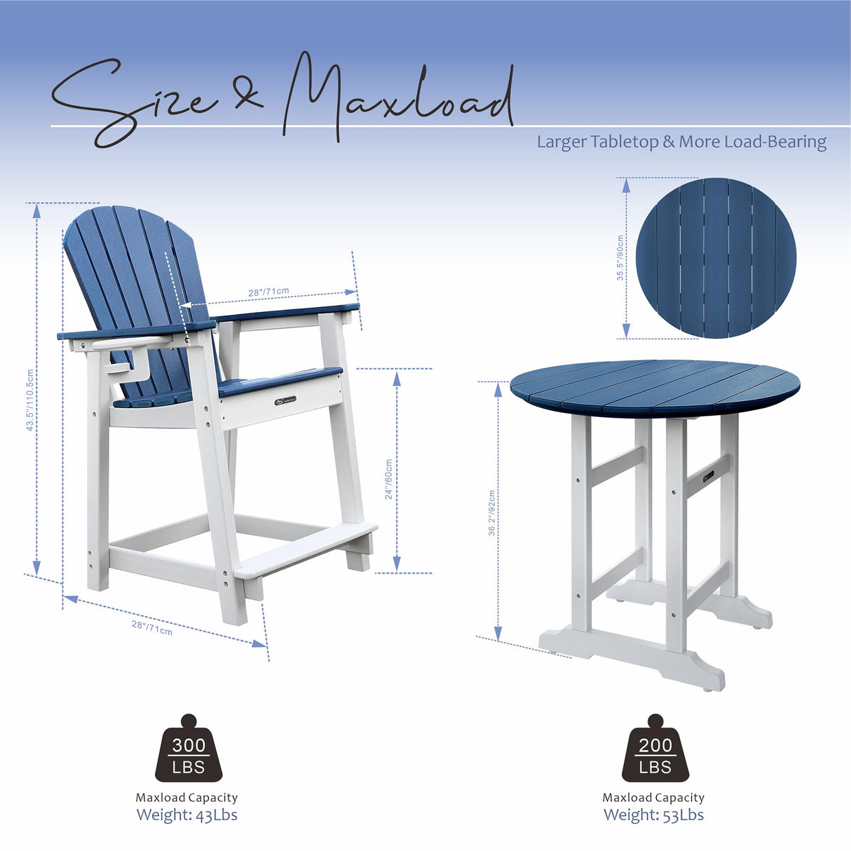 YUSSJI Tall Adirondack Chairs Patio Bar Tables Set of 5 Weather Resistant HDPE 35" Round Outdoor Bar Adirondack Barstools Plastic Height Table Pub, for Garden, Backyard, Yard, Pool, Fire, Pit (Blue) YUSSJI