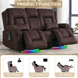 URRED Power Reclining Loveseat Sofa with Console, RV Couch Loveseat Recliner Sofa with Massage & Heat, LED Light, Cupholders, Bluetooth Speakers, USB Charge Ports, Outlets, Velvet, Brown URRED