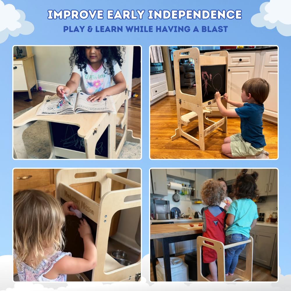 Montessori Mission 4-in-1 Foldable Learning Kitchen Tower, Stool with Chalkboard, Desk, Table & Chair, Montessori Kitchen Stool, Learning & Kitchen Tower for 1-6 Years Old Montessori Mission