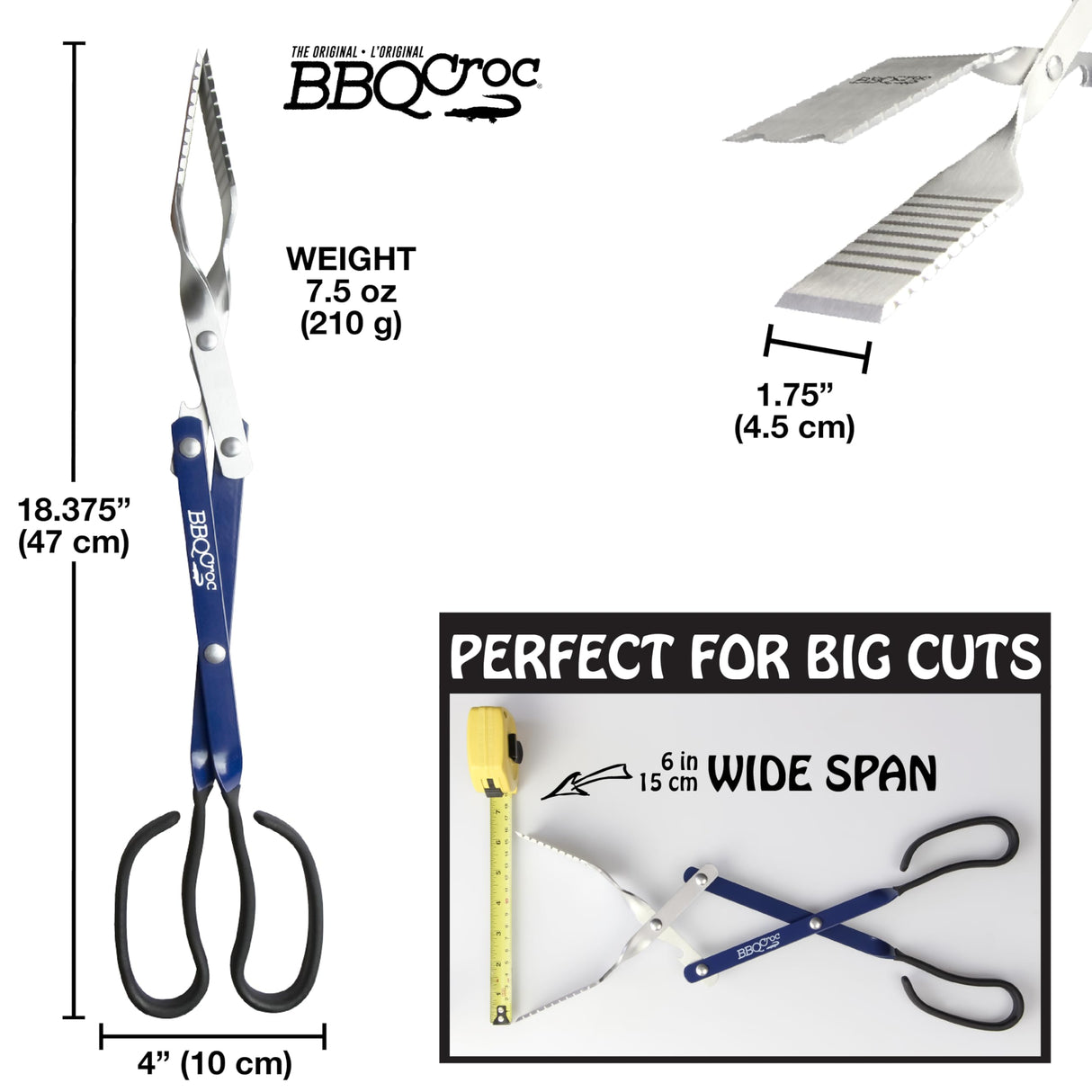 BBQ Croc 3 in 1 Barbecue Tool 18-inch - Lightweight and Long Tongs, Spatula and Grill Scraper (Blue) (18 inch Without Flashlight) BBQCroc