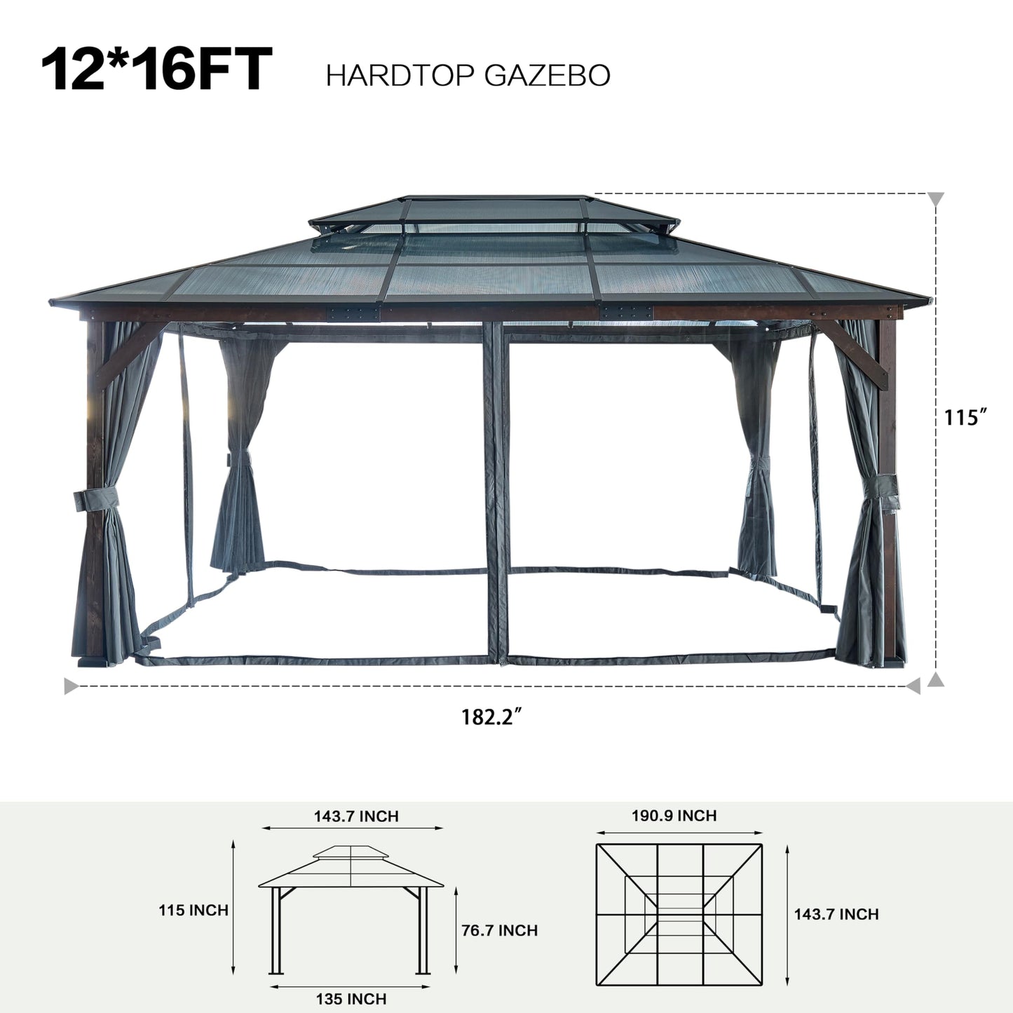 10' x 13' Hardtop Cedar Wood Gazebo for Patios, Outdoor Cedar Framed Gazebo with Double Metal Roof, Solid Wooden Framed Gazebo with Privacy Curtains and Mosquito Nettings for Garden, Backyard