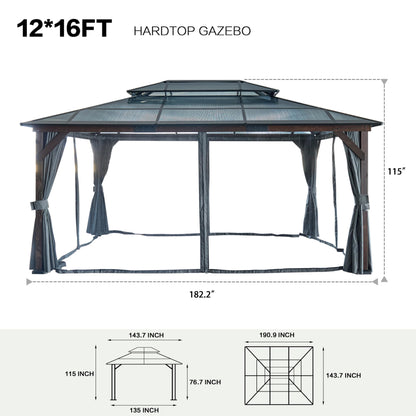 10' x 13' Hardtop Cedar Wood Gazebo for Patios, Outdoor Cedar Framed Gazebo with Double Metal Roof, Solid Wooden Framed Gazebo with Privacy Curtains and Mosquito Nettings for Garden, Backyard